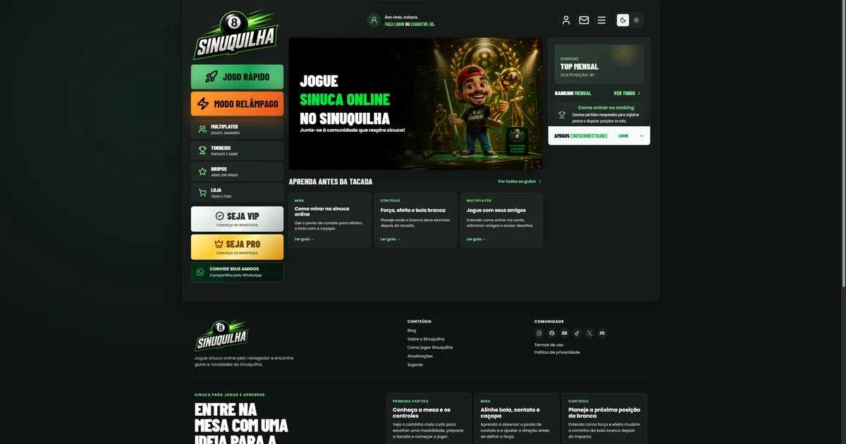 Lobby do Sinuquilha com os acessos ao jogo rápido, Modo Relâmpago e áreas multiplayer