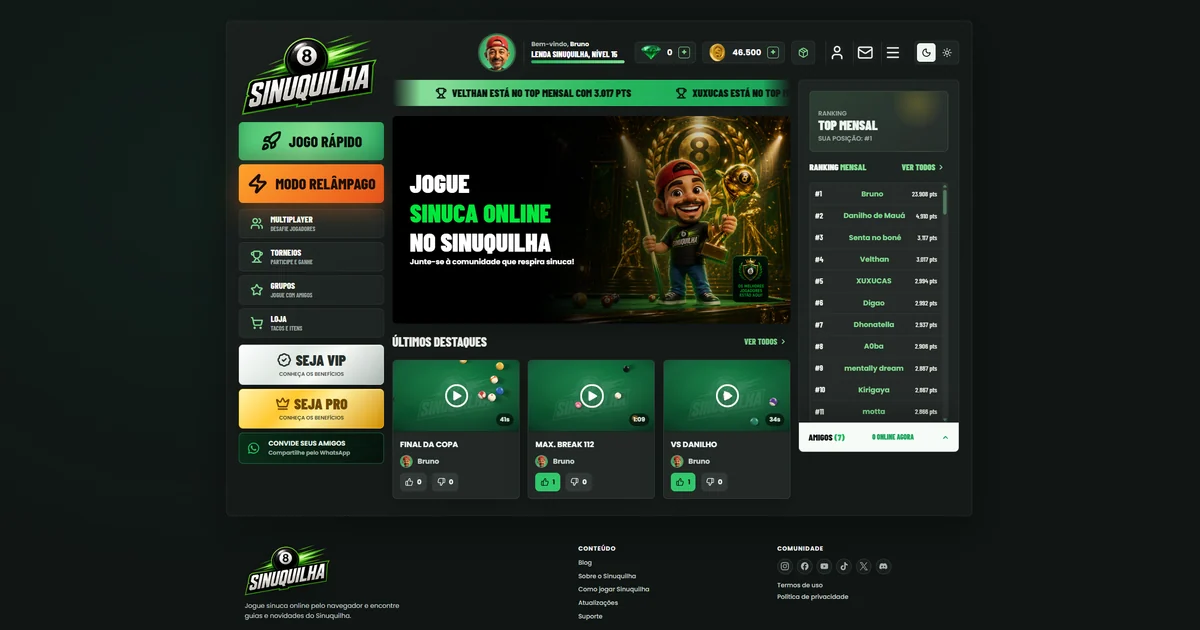 Lobby autenticado do Sinuquilha com perfil, Multiplayer, Grupos, ranking e amigos